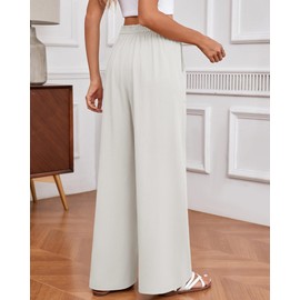 Huukeay Women's Linen Wide Leg Pants, High Waist Flowy Palazzo Pants with Pockets Drawstring Summer Casual Work Trousers(White,X-Large)