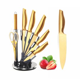 Gold Knife Set，8Pcs Gold Titanium-Coated Dishwasher Safe Kitchen Knife Block Set Stainless Steel with Ergonomical Handle