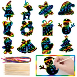 GOMANCHE 48 Pieces Christmas Scratch Art for Kids, DIY Rainbow Scratch Paper Magic Art Crafts Bulk, Christmas Hanging Ornaments for Kids Party Favors