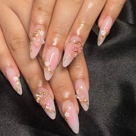 24 Pcs Flower Press on Nails Long Almond Butterfly Fake Nails with Charms Design 3D Spring Summer Gold Floral False Nails Gradient Glue on Nails Full Cover Artificial Nails for Women Nail Decoration