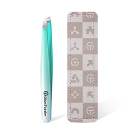 Expert Slant Tip Tweezers with Leather Case, GlamTweeler Sharp & Precision Stainless Steel Tweezer for Eyebrows, Facial Hair and Fine Hairs Removal (Sparkle Mint Green & Silver)
