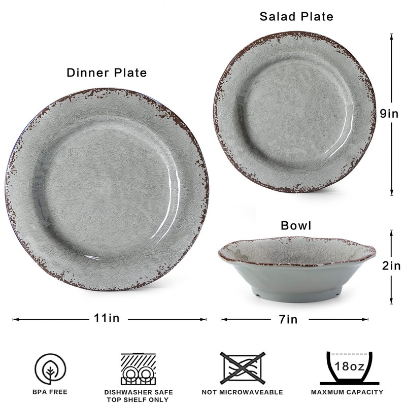 LEHAHA Farmhouse Melamine Dishes Dinnerware Set, 12 Piece Rustic Plates