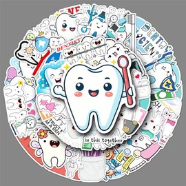 50 Pcs Tooth Stickers Vinyl Waterproof Cute Dental Sticker for Laptop Water Bottle Skateboard Luggage Scrapbook Bumper Car Bike Guitar Notebook,Funny Cartoon Tooth Fairy Sticker for Adults Teens
