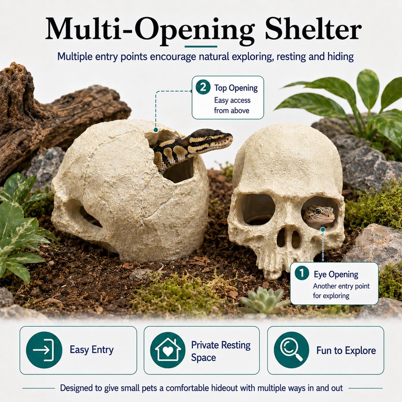Fokauiwo Skull Terrarium Decor Reptile Hideout for Tank (Black)