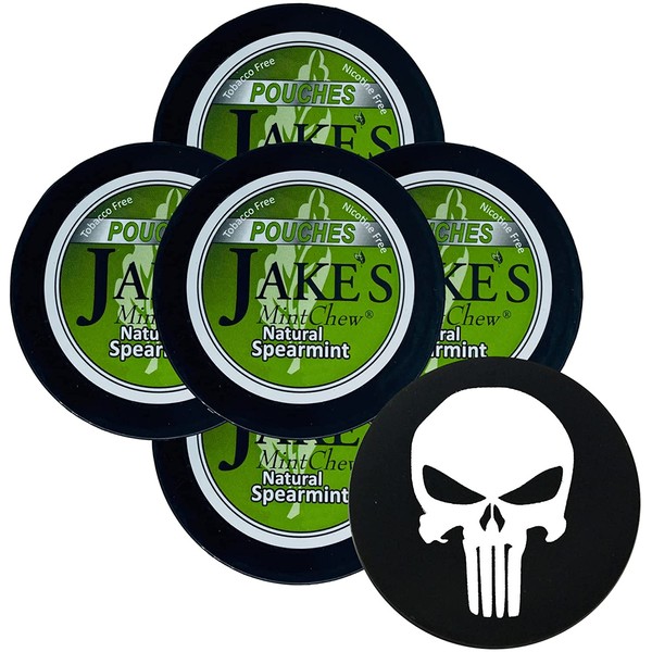 Jake's Mint Chew Spearmint Pouch 5 Cans with DC Crafts Nation Skin Can Cover - Skull