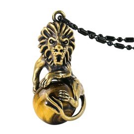 TUMBEELLUWA Lion Necklace with Round Bead for Men Women Healing Crystal Stone Brass Wrapped Pendant Animal Jewelry Gift, Tiger's Eye Stone