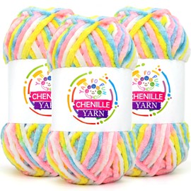 3 Pack Velvet Chenille Yarn for Crocheting,Rainbow Multicolor Fluffy Velvet Plush Yarn Thick Soft Chunky Chenille Yarn Baby Blanket Yarn for Crocheting Knitting Beginners（Candy）