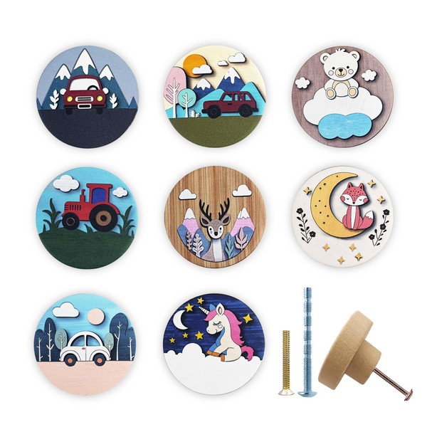 JamJam 8 Pack 1.8" Wooden Flower Animals Car Theme Kids