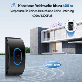 TECKNET Wireless Bell, IP65 Waterproof Doorbell Wireless Set, Over 400 m Wireless Range, Wireless Doorbell Kit, 60 Melodies, 5 Volume Levels, Wireless Doorbell with RGB Flash, Black