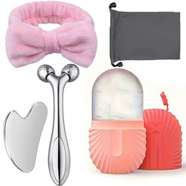 Juego de 5 herramientas de masaje facial, placa raspadora de acero inoxidable y rodillo 3D, bandeja de hielo de silicona: herramienta reutilizable de compresas frías faciales, no requiere ele (Orange)