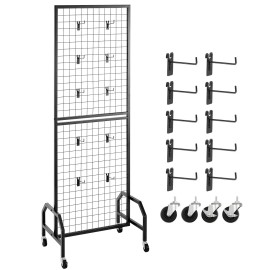 1.9 X 5.4 ft Black Carbon Steel Wire Grid Wall Panel Movable Art Display Rack with 10 Hooks and Shelf Wheels for Display RacksDefault: Default