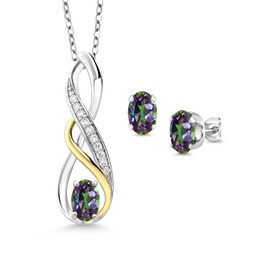 Gem Stone King 1.87 Ct Green Mystic Topaz E-F Lab Grown Diamond 925 Silver and 10K Yellow Gold Pendant and Earrings Jewelry Set