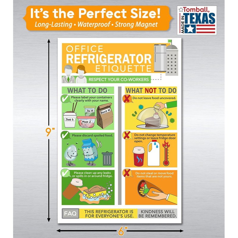Office Refrigerator Etiquette Magnet -6"x9" Handy Guide for Proper Storage,