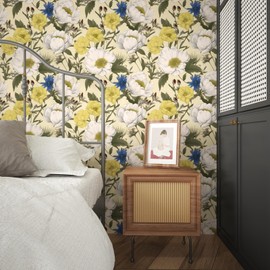 Fvlow Yellow White Floral Peel and Stick Wallpaper Vintage Wallpaper Vinyl Wrap Kitchen Worktop Covering Vinyl Self Adhesive Thick Leaf Contact Paper for Cabinets Drawers Sticker Decor 17.4" x 118"