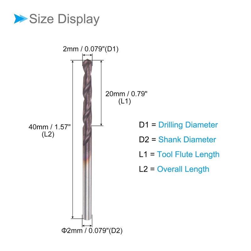 CoCud Carbide Solid Drill Bit 2mm Diameter Articin Coating K45/P10