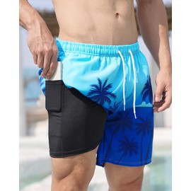 MaciRept Mens Swimming Trunks with Compression Liner Mens 7" Beach Board Shorts Quick Dry Men Bathing Suit with Zipper Pockets