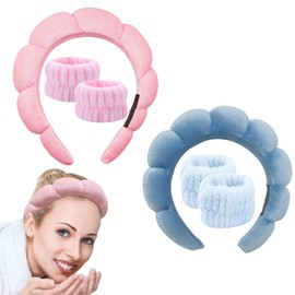 Spa Headband and Wristband Set for Washing Face Non Slip Hair Bands for Women Girls Wrist Sweatband for Makeup Skincare, Yoga, Excercise, Shower, Hair AccessoriesPrevent Liquids Spilling Down Arm (jsrpink+blue)