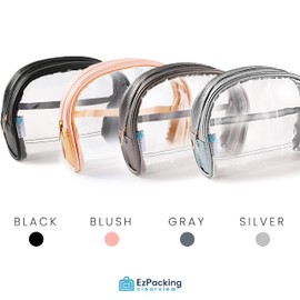 Bolsa de cosméticos de media luna, pequeña y bonita bolsa de cosméticos transparente y portátil, compatible con la TSA para viajes, simple y liso, transparente o bolso de mano para maquillaje, hecho de piel vegana, vinilo PVC y gamuza, Blush,