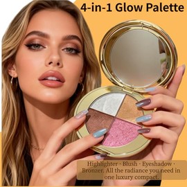 4-Color Highlighter & Blush Palette, Shimmer Eyeshadow Makeup Kit, 2-in-1 Face Illuminator Powder with Mirror, Long-Lasting Diamond Glow Texture, Port