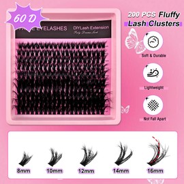 Eyelash Extensions Set, 200 Pieces, Fluffy Artificial Eyelash Clusters, Lashes Extension Set, Thick Lash Clusters, Individual Eyelash Extensions (60P)