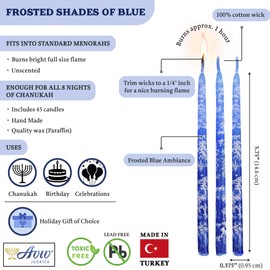 Premium Dripless Hanukkah Candles Multi Blues Frosted Thin Tapered Chanukah Candle Set of 45 Enough for Eight Nights of Hanukah Includes a DIY Dreidel, Prayer Card with Chanukah Song - Aviv Judaica