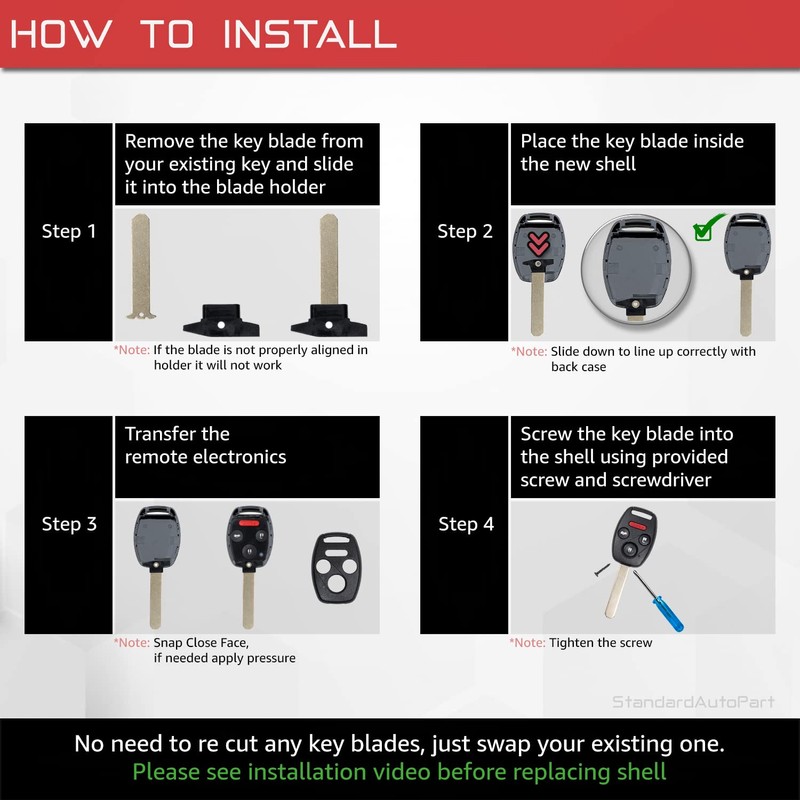 StandardAutoPart Car Remote Head Key 4 Button Shell Case Compatible