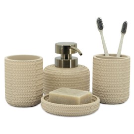 ZCCZ - Beige Bathroom Accessories Set 4 Pcs - Toothbrush Holder, Soap Dispenser, Vanity Tray, Bathroom Tumbler - Countertop Vanity Organizer - Bathroom Accessory Set - Toothbrush Holder Set