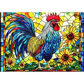 Stained Glass Rooster Puzzles for Adults 1000 Pieces Colorful Rooster Puzzle for Adults Mosaic Jigsaw Puzzles1000 Pieces with Letters on Back Hard Impossible Difficult Challenging Family Puzzle