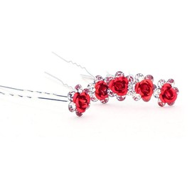 10 Rose Flower Crystal Bridal Wedding Prom Hair Clips – Pack HAR1010, Stainless Steel, red