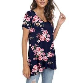 POPYOUNG Ladies Tunics to Wear with Leggings Summer Loose Short Sleeve Blouse Flowy Long Tops V-Neck Shirts L,Dark Blue-Pink Flower