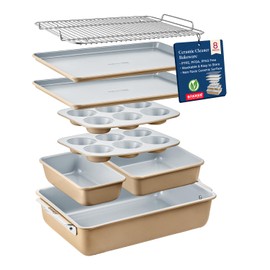 Bakken 8-Piece Stackable Bakeware Set – Ceramic Non-Stick, Oven-Safe Baking Sheets & Pans, PTFE/PFOA/PFOS-Free, Ergonomic Handles, Includes Cooling Rack – Healthy, Non-Toxic Baking Essentials