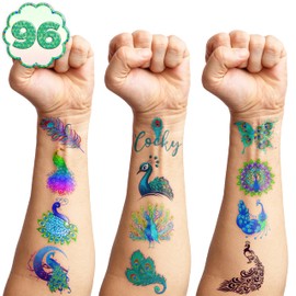 Happy Diwali Temporary Tattoos 81 PCS Indian Festival of Lights Party Themed Stickers for Kids Birthday Party Supplies, Decorations, Favors, and Prizes (Peacock)