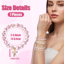 Y1tvei Pink Ceramic Bead Bracelets - 7Pcs Coquette Floral Vintage Beads Plastic Pearl Gold Bow Heart Charm Wrist Bracelet Travel Party Favor Stretchable Jewelry Accessory Chain Gift Supplies for Women
