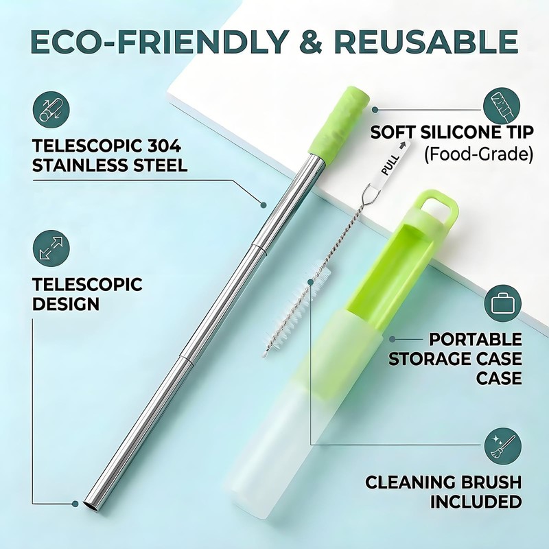 Foweroty 2 Pack Reusable Telescopic Stainless Steel Straw - Portable