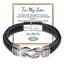 To My Son/Grandson Bracelet, Forever Linked Together Braided Leather Bracelet, Stainless Steel Magnetic Closure Leather Knot Cuff Wristband, Back to School Gifts Christmas Gifts Birthday Gifts, 5.5