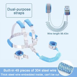Baby Anti-Lost Belt, Xiuyer 2.5 m Children's Lead Harness, Children's Running Harness, 2-in-1 Set, Safety Wrist Cuff with Lock + Rubber Strap, Removable Bracelet with Safety Lock (Blue)