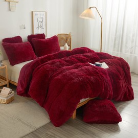 XeGe Cozy Plush Shaggy Duvet Cover, 1PC Faux Fur Fuzzy Comforter Cover, Luxury Soft Fluffy Furry Quilt Cover, Solid Color Bedding for Girls Women Bedroom, Zipper Closure (King Size, Red)