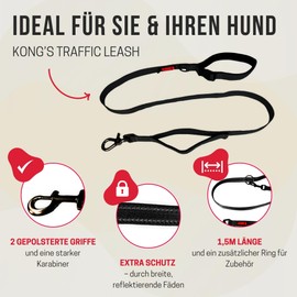 KONG Dog Lead in 1.5 m Length, for Large Dogs up to 50 kg, Size L, Traffic Safe Dog Lead in Grey, Reflective Lead with 2 Padded Hand Loops and Robust Snap Hook