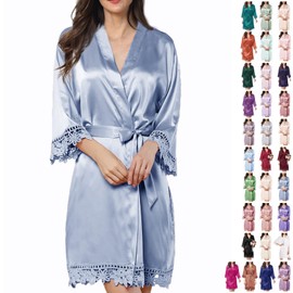 WJing Yi Jia Womens Silk Robe Satin Robe Silky Kimono Lace Bathrobe Sleepwear Wedding For Bridal Bride Bridesmaid Robes