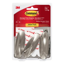 Command Medium Metallic Designer Hooks [Removable]: 3-pack (Brushed Nickel) [12-sets]