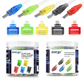 ZOERAX Cat5e Cat6 RJ45 Pass Through Connectors & Strain Relief Boots 100-Pack (100 Connectors + 100 Boots) - EZ Crimp Modular Plugs for Solid/Stranded UTP Ethernet Network Cables