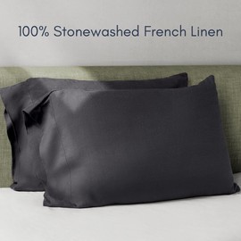 Baloo Linen Pillowcase Set of 2, Pure Natural French Linen, King, 20x40 inches, Charcoal
