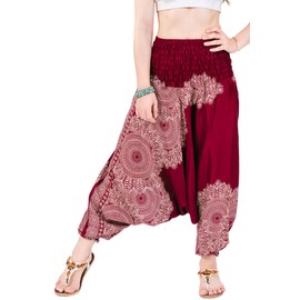 Boho Hippie Harem Pants Jumpsuit for Women – Lightweight Rayon Loose Dhoti Trousers with Elastic Waist for Lounge & Travel (Red Leaf_XL)