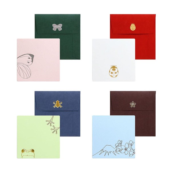 IPPINKA Japanese Greeting Cards for Any Occasion, Square with Gold and Silver Embossed, Set of 4 Minimalist Designs - Mt.Fuji & Cherry Blossoms, Frog, Butterfly, and Ladybug