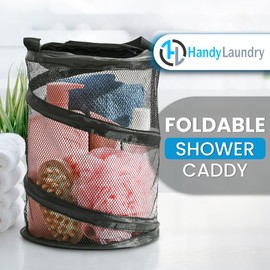 Handy Laundry Foldable Shower Caddy - Collapsible, Portable, Drainage Hole, Carry Handle, Large Compartments, Great Organizer for Camp, Travel, Gym, and Dorm (Black)