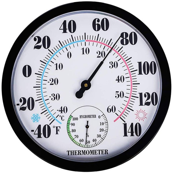 Indoor Outdoor Thermometer Hygrometer, Lirches Outdoor Thermometer Large Numbers, Decorative Outdoor Thermometers for Patio, No Battery Needed Wall Thermometer Round 10" in Diameter