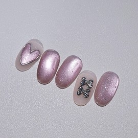 Heart Magnet Handmade Nail Tip Magnetic Nail Silver Heart Ribbon Parts - Round Short / 하트마그넷 수제네일팁 자석네일 실버하트 리본파츠 - 라운드숏