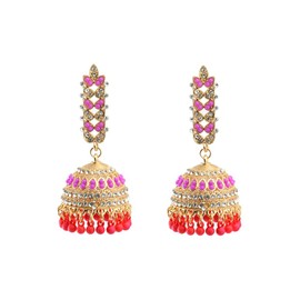 Bohemian CZ Jhumki Bell Beaded Tassel Dangle Earrings for Women Gold Plated Vintage Ethnic Jhumka Crystal Indian Chandelier Statement Dangling Stud Traditional Gypsy Festival Jewelry (Pink)