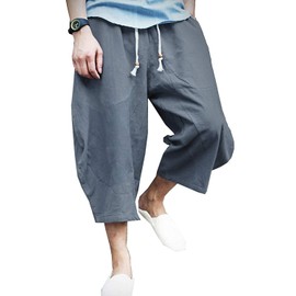 KAMUON Mens Casual Baggy Cotton Linen Pocket Lounge Harem Pants Beach Long Shorts (US L = Asian Tag 3XL : Waist 36"-37", Blue Grey)