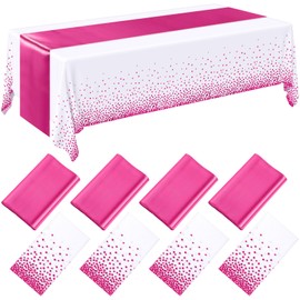 Breling 8 Pack White and Hot Pink Disposable Plastic Tablecloths and Satin Table Runner Set, 54 x 108 Inch Tablecloth, 12 x 108 Inch Table Runners for Birthday Baby Shower Wedding Graduation
